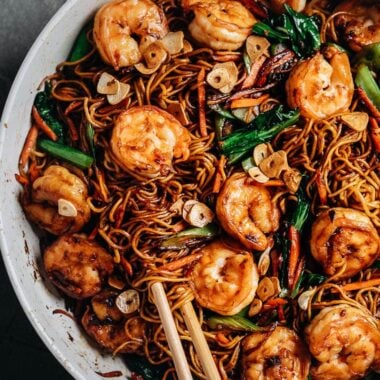 XO noodles with shrimp in a pan close-up