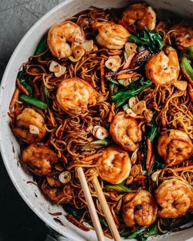 XO noodles with shrimp in a pan close-up