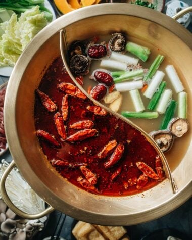 Hot pot with Sichuan spicy soup and non-spicy soup