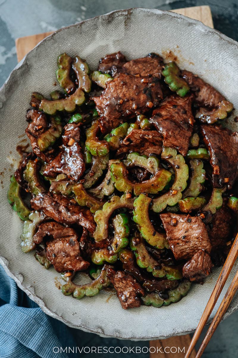 Beef with bitter melon close up