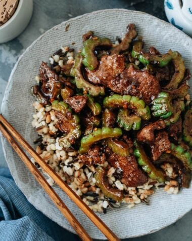 Bitter melon and beef stir fry on rice