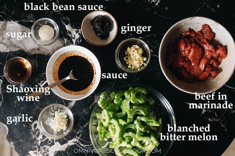 Ingredients for making bitter melon and beef stir fry