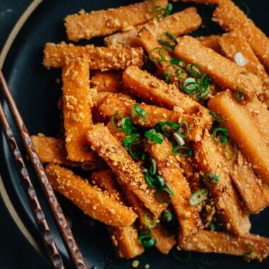 Fried pumpkin with salted egg close up