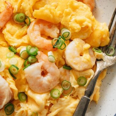 Chinese eggs and shrimp stir fry close-up