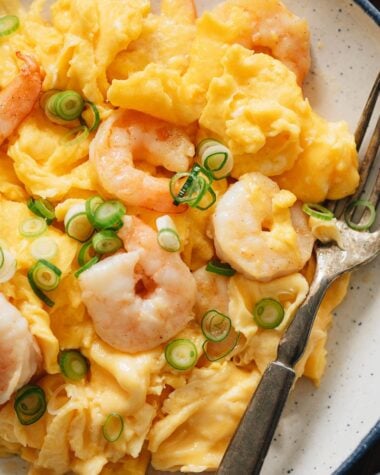 Chinese eggs and shrimp stir fry close-up