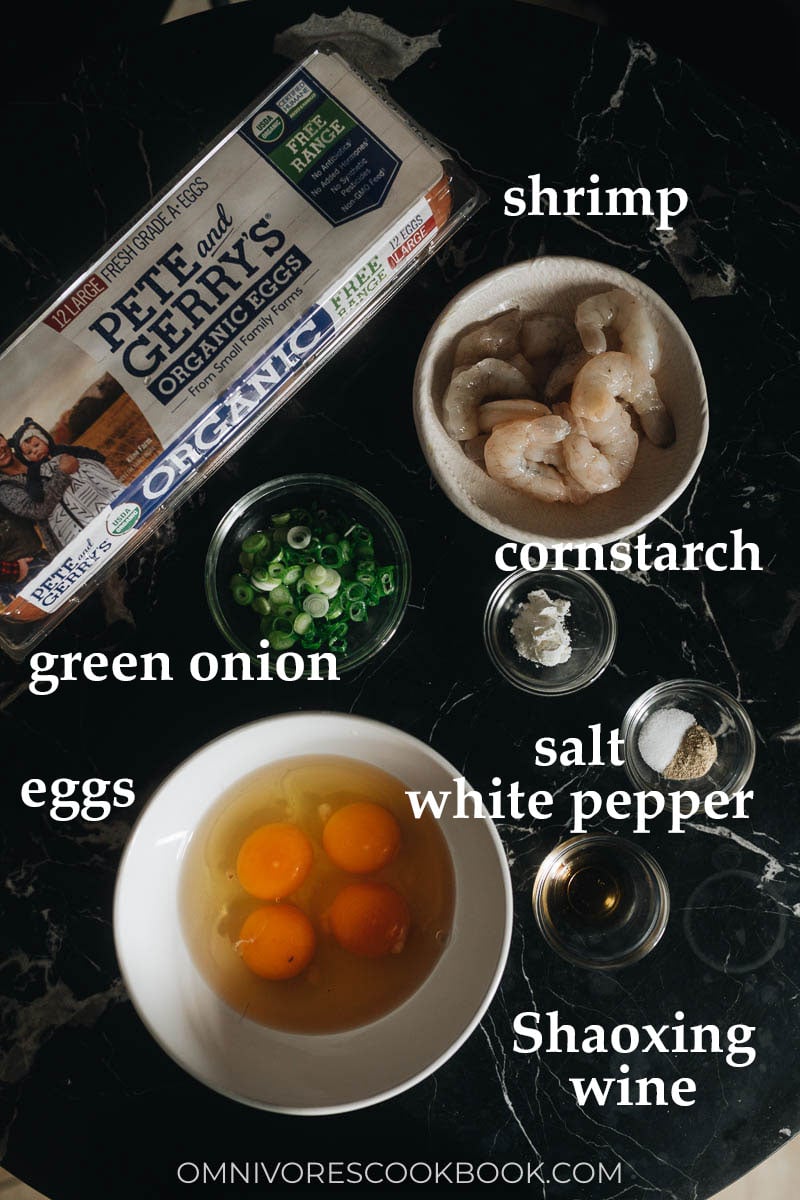 Ingredients for making scrambled eggs with shrimp