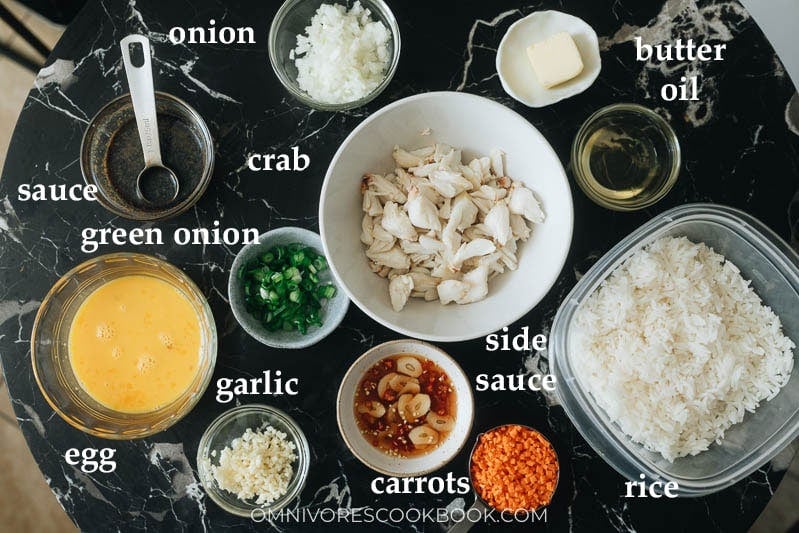 Ingredients for making crab fried rice