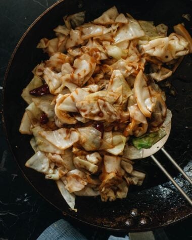Chinese sauteed cabbage in a skillet