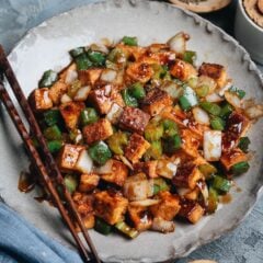 Crispy, pan-fried black pepper tofu and crunchy vegetables give you all the texture in a savory, peppery sauce - perfect for a healthy, vegan-friendly meal. {Vegan, Gluten-Free Adaptable}