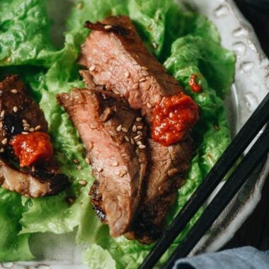 Close-up of galbi marinated steak lettuce wrap