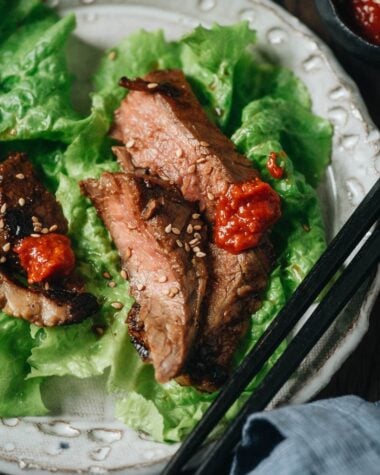 Close-up of galbi marinated steak lettuce wrap