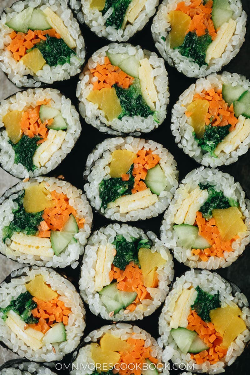 Colorful Korean vegetarian seaweed rolls from above