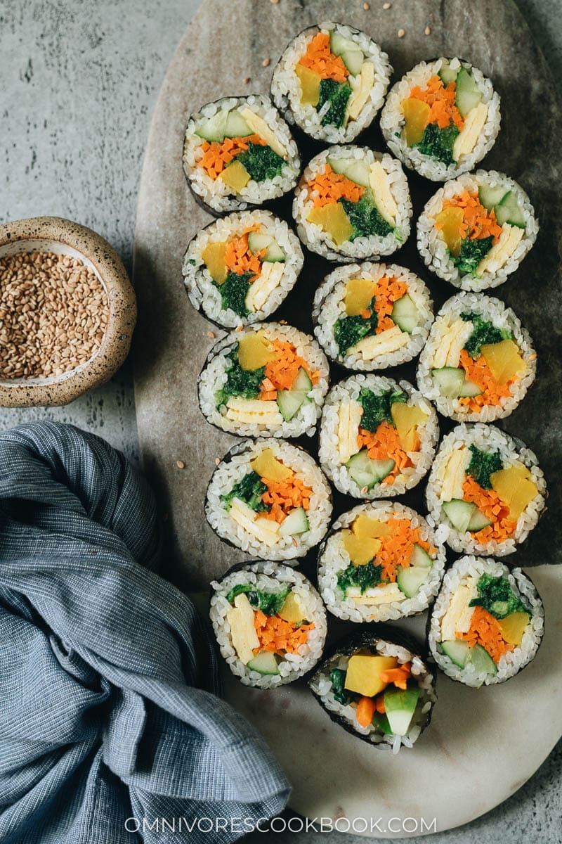 Vegetarian kimbap cut up on a plate for appetizer