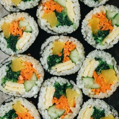 Vegetarian Kimbap is a Korean classic featuring egg, rice, and veggies rolled in seaweed. It&rsquo;s both refreshing and satisfying and perfect for an appetizer, snack, or picnic. {Gluten-Free, Vegan-Adaptable}