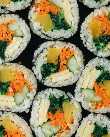 Vegetarian Kimbap is a Korean classic featuring egg, rice, and veggies rolled in seaweed. It&rsquo;s both refreshing and satisfying and perfect for an appetizer, snack, or picnic. {Gluten-Free, Vegan-Adaptable}