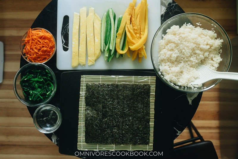 Mise-en-place for vegetarian kimbap