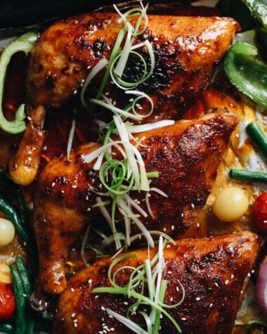 Asian style roast chicken legs and thighs with green onion