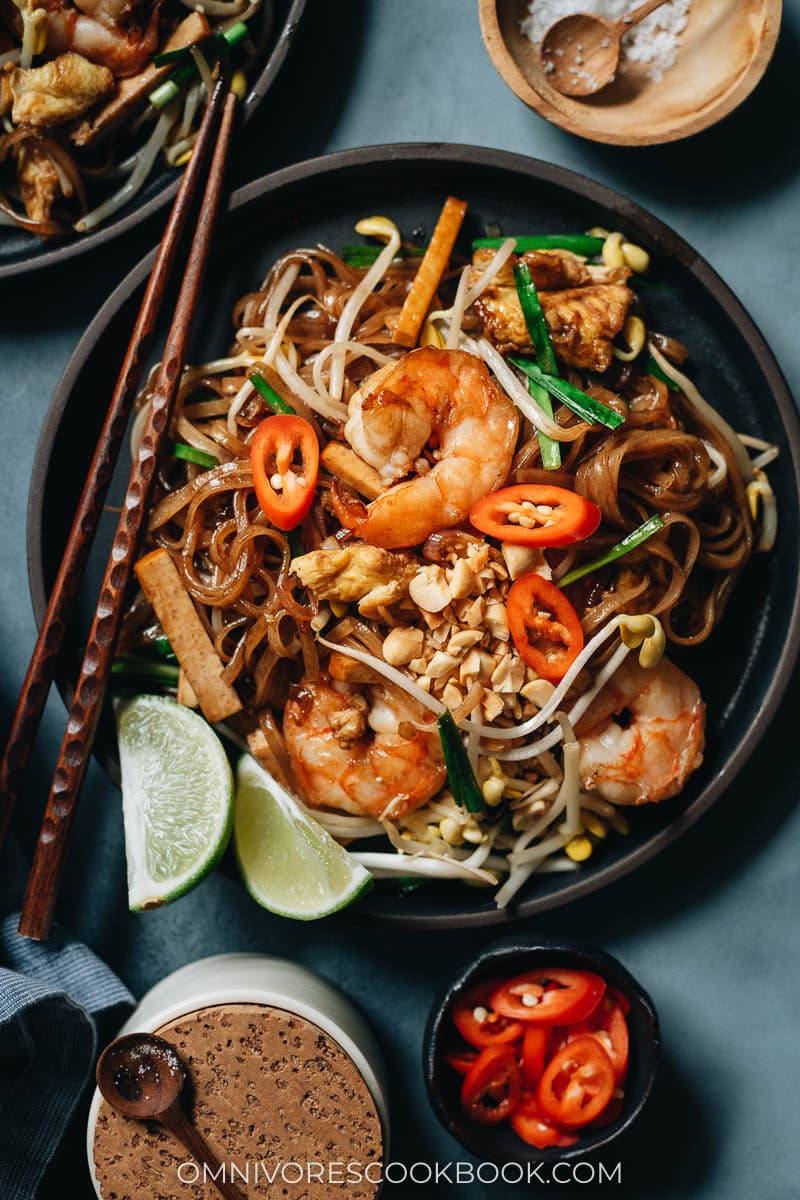 Takeout style shrimp fried rice noodles with egg and veggies