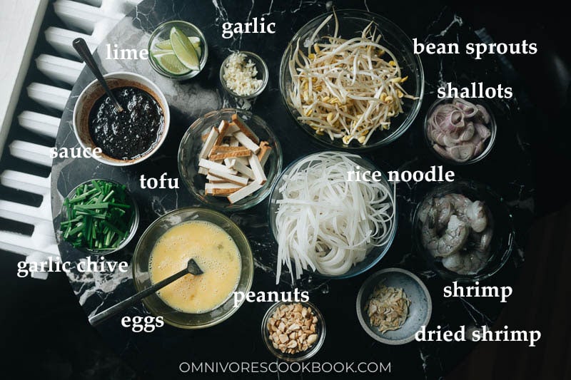 Mise-en-place for shrimp pad thai