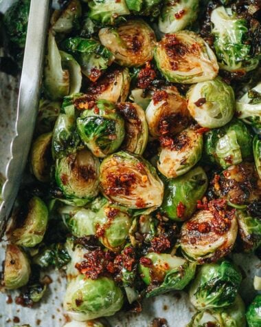 Roasted sweet and sour brussels sprouts close up