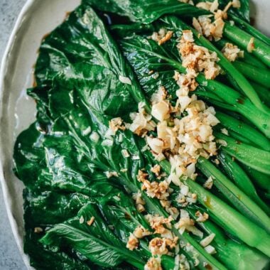 Blanched Yu Choy with Garlic Oil close up