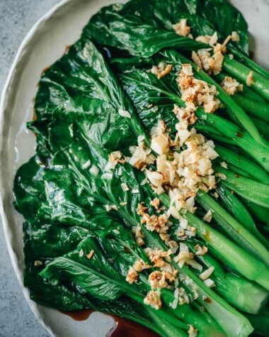 Blanched Yu Choy with Garlic Oil close up
