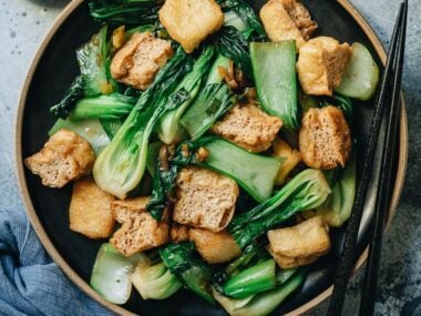Stir fried bok choy with tofu puffs
