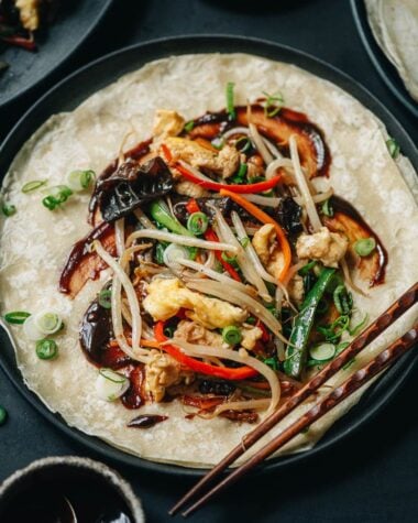 Vegetarian moo shu on a moo shu wrapper