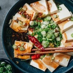 Silky tender tofu is steamed then drizzled with a fragrant aromatic oil and a rich sauce that is savory and sweet. It&rsquo;s a beautiful hot appetizer that is simple and surprisingly satisfying. Serve it as a light meal with steamed rice or as part of a multi-course dinner. {Vegetarian, Vegan, Gluten-Free Adaptable}