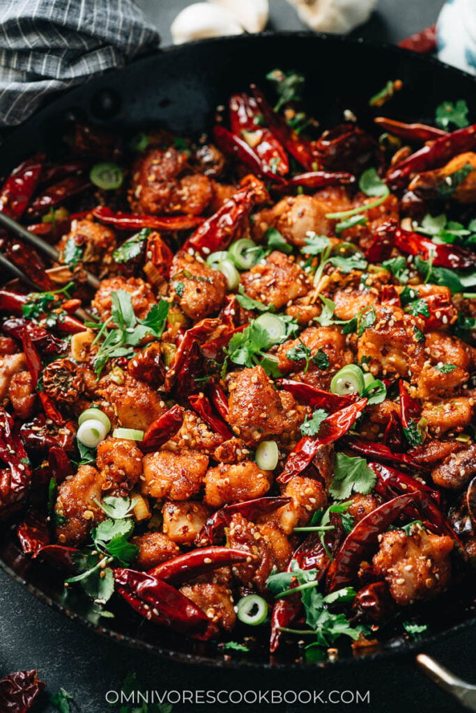 Sichuan mala chicken in a skillet
