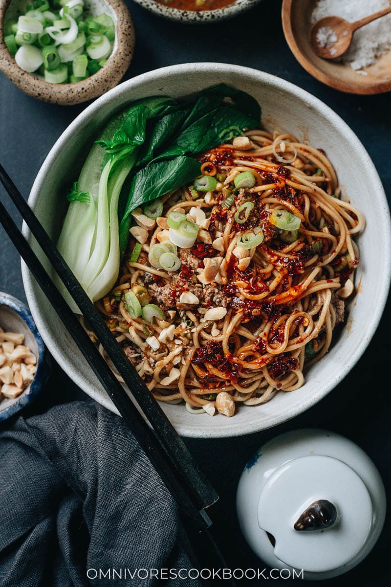 Vegan dan dan noodles served in small bowls