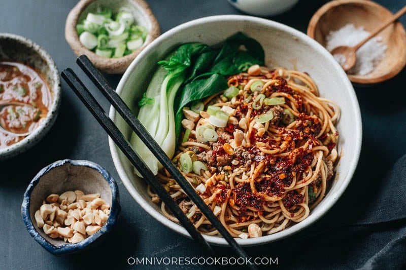 Vegan dan dan noodles close up