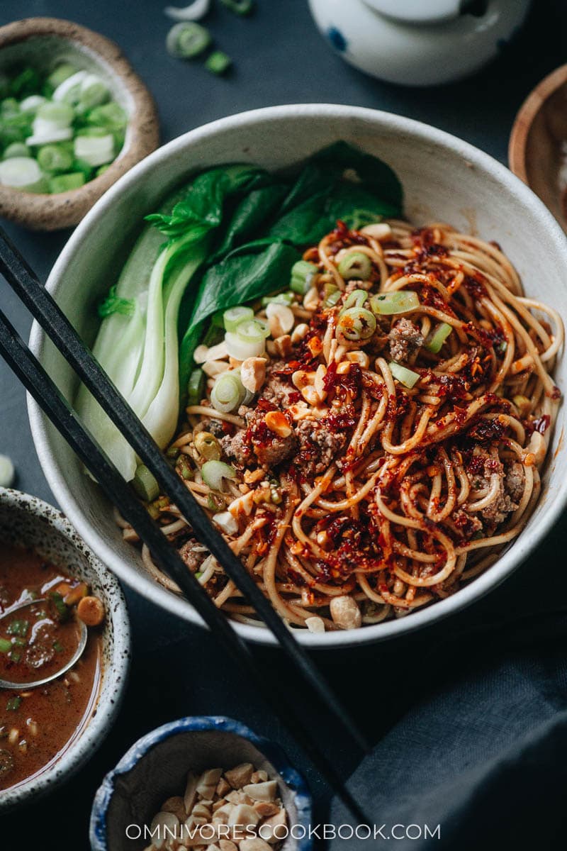 Vegan dan dan noodles mixed with sauce