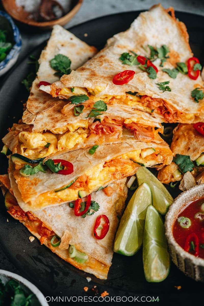 Egg and kimchi quesadilla close up
