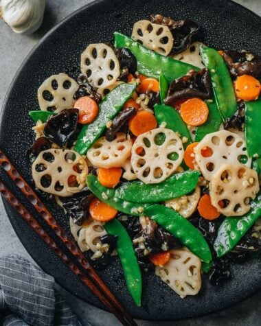 Stir fried lotus root with carrot, wood ear mushroom, and snow peas