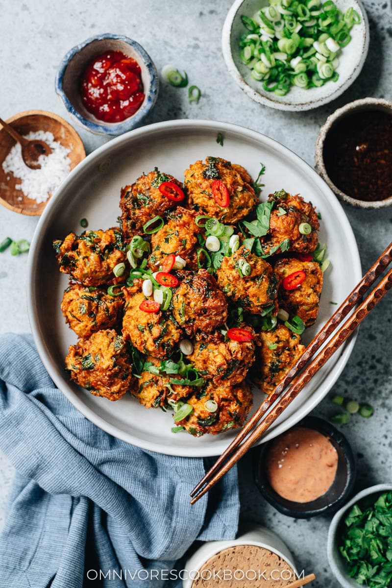 Fried carrot fritters with dipping sauces