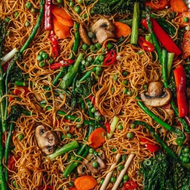 Sheet pan chow mein close up