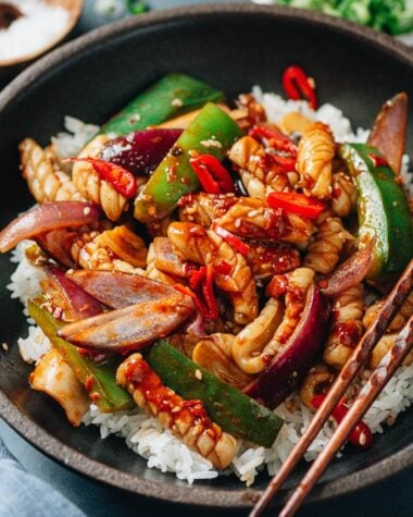 Stir fried spicy squid over steamed rice close up