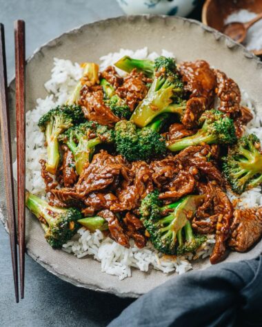 Beef and broccoli served over rice