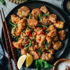 A super easy and fast air fryer salt and pepper chicken recipe that creates extra crispy chicken bites coated in a delicious pepper salt without making a mess. It takes no time to put together and tastes just as good as deep-fried! {Gluten-Free}