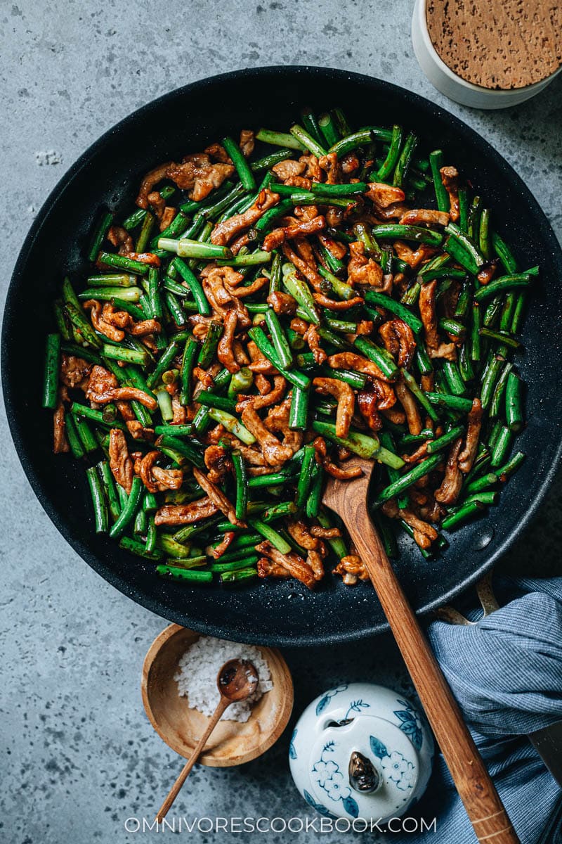 Garlic scape stir fry with pork