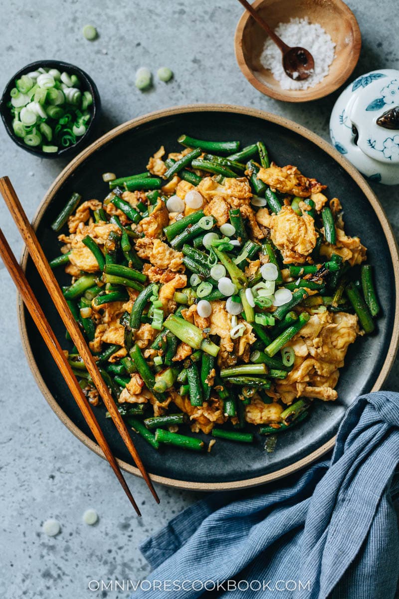 Stir fried garlic scape with scrambled eggs