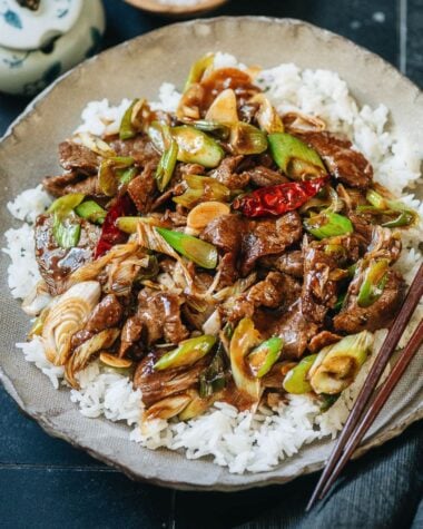 Northern Chinese style scallion beef stir fry over rice