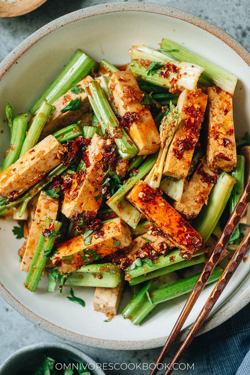 Tofu and celery salad close up