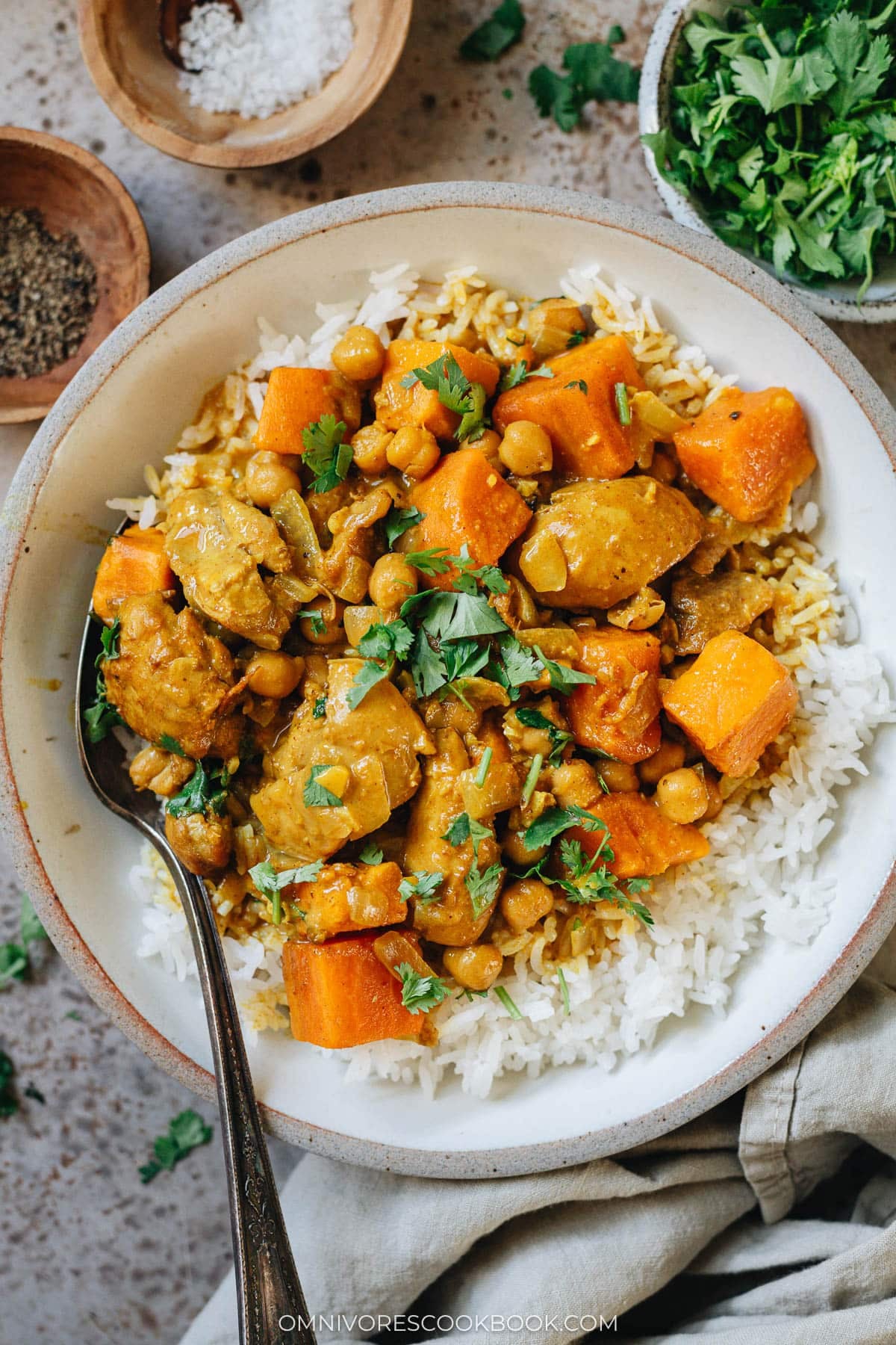 Chicken sweet potato curry served with rice