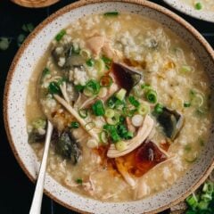 Classic century egg congee made in the Instant pot to get extra creamy congee with tender chicken with just 5 minutes prep. A stovetop version is included as well. {Gluten-Free adaptable}