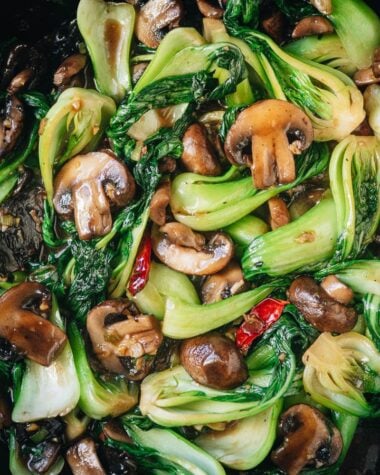 Baby bok choy and mushroom stir fry close up