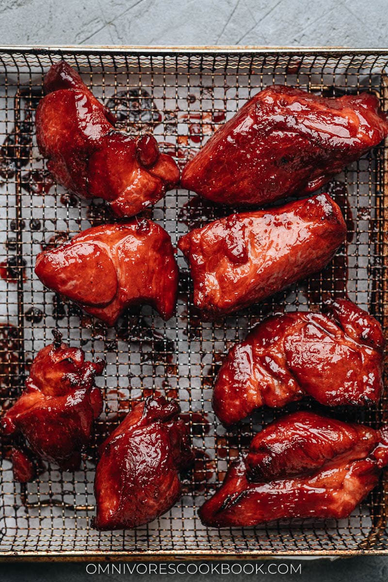 Homemade char siu pork in air fryer basket