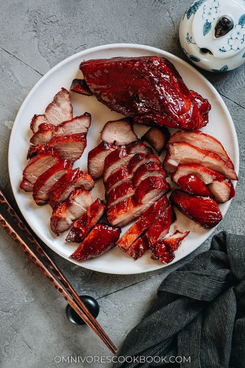 Carved air fryer char siu pork in a platter