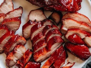 Carved air fryer char siu pork in a platter close up